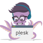 plesk octopus mascot holding plesk logo
